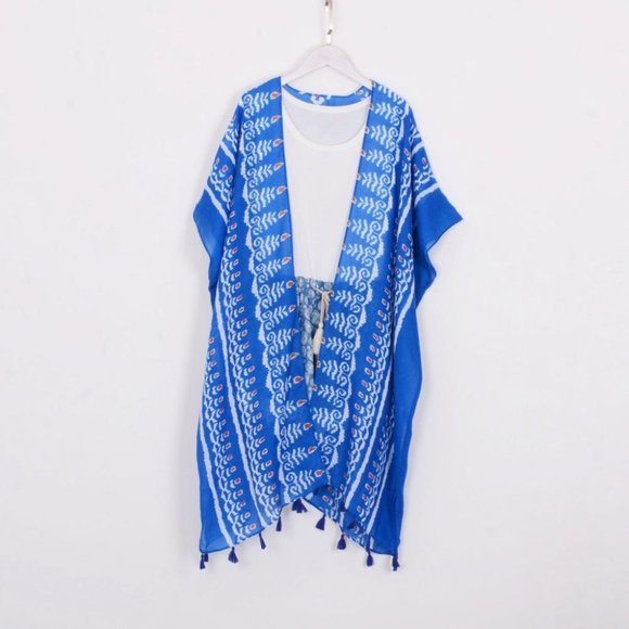 Long bohemian kimono,blue flame tassel kimono,kimono jacket,kimono cardigan